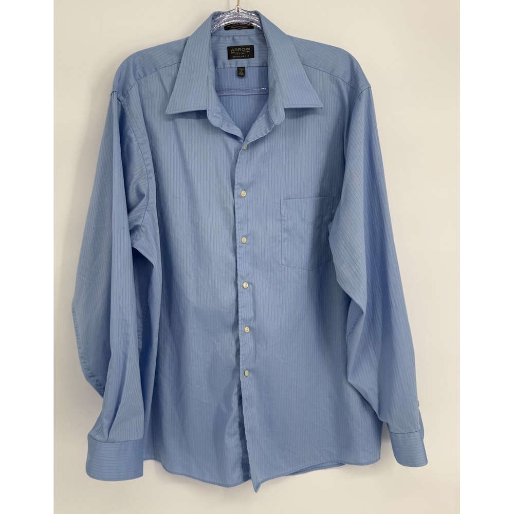 Arrow Mens Regular Fit Blue Pinstripe Satin Long Sleeve Dress Shirt XXL Sz 18
